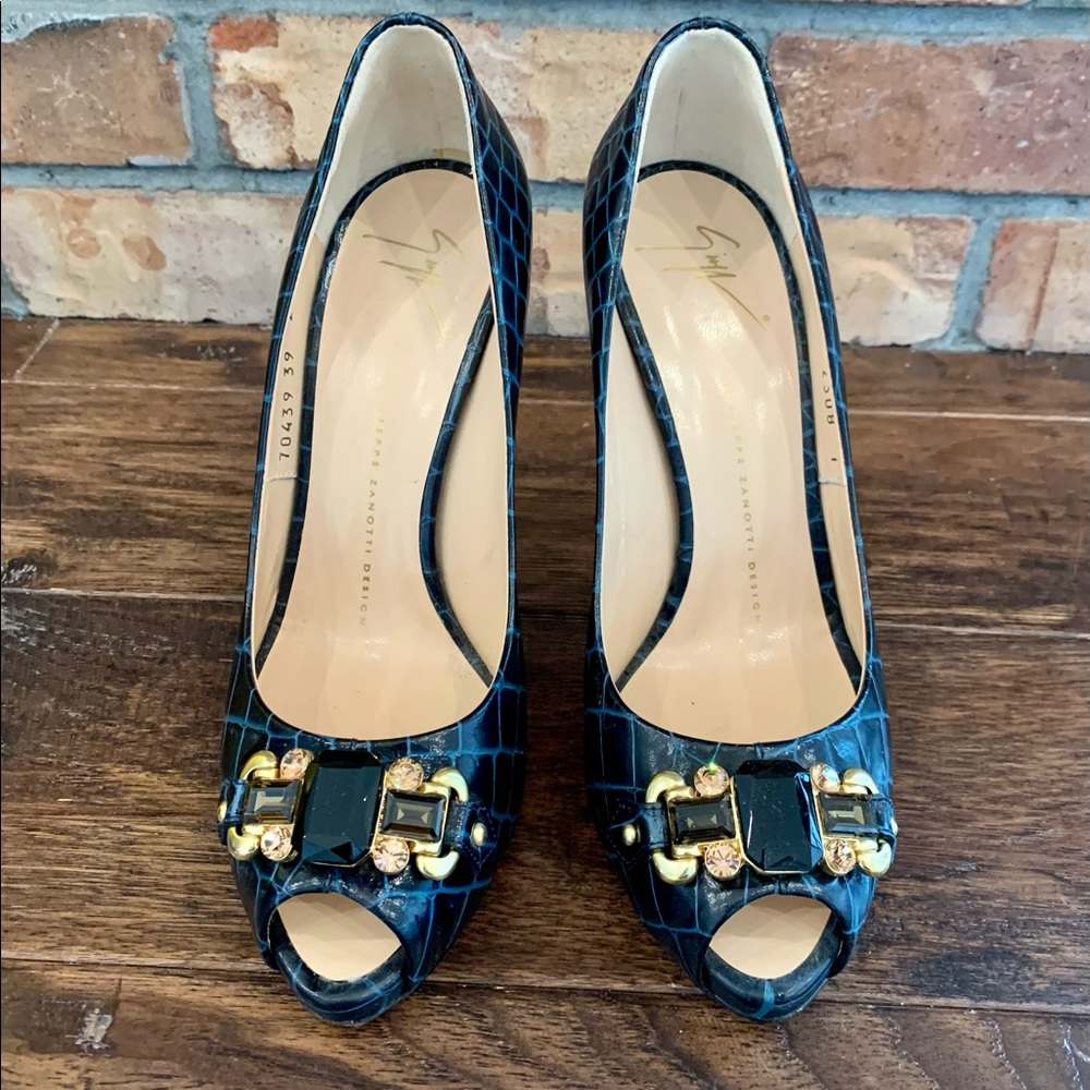 Giuseppe Zanotti Blue Croc Embossed Peep Toe Pumps